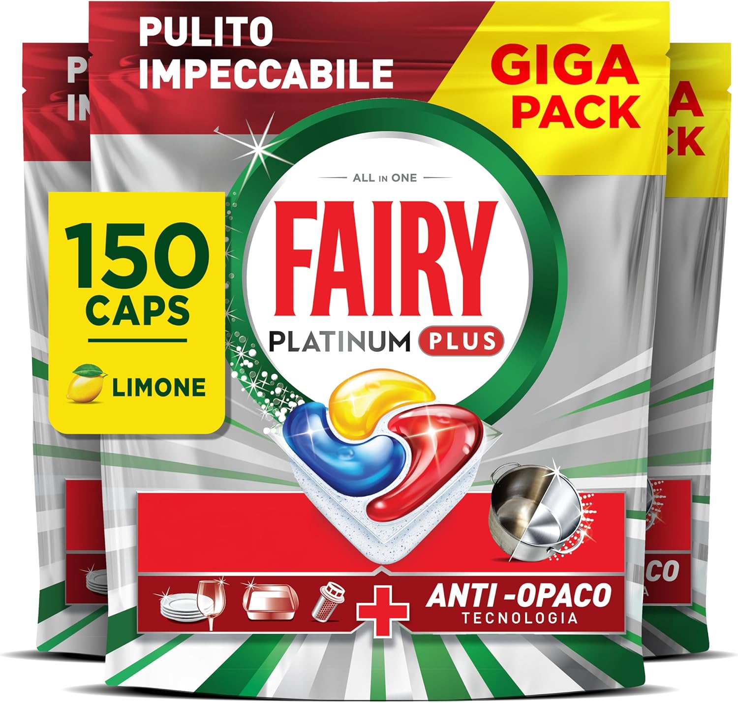 Fairy Platinum Plus Pastiglie Lavastoviglie, 150 Capsule, Limone